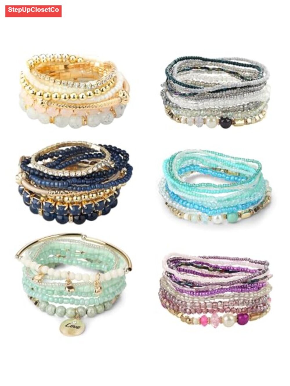 6 Sets Bohemian Stackable Beaded Bracelets Stretch Multilayered Wrap Cuff